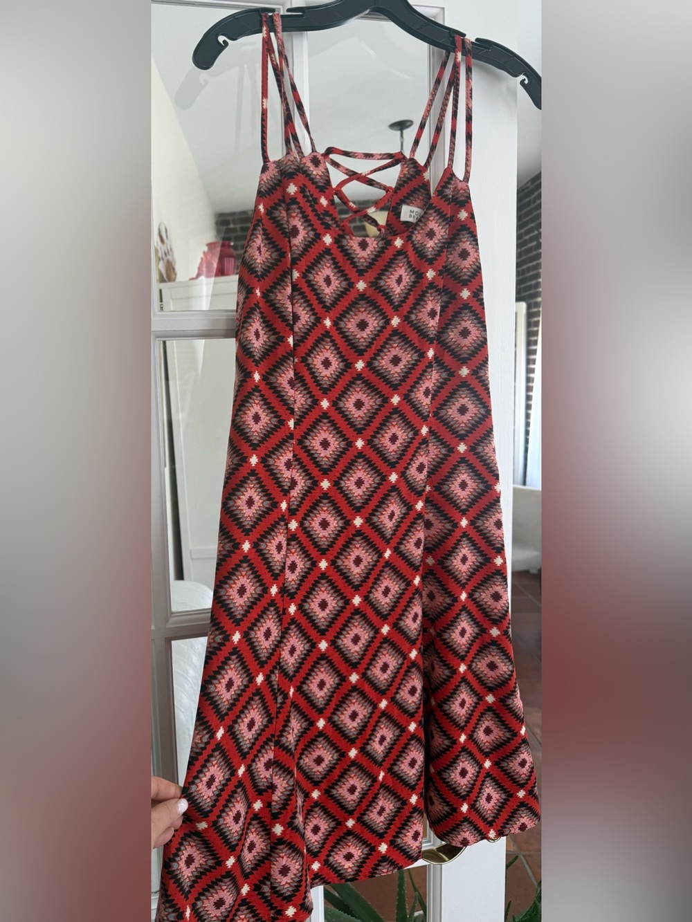 Molly Bracken Red and Pink Geometric Mini Dress Medium Size